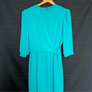 Vintage 80s Alison Peters Kelly Green Crossover Wrap Tie Side Waist Dress Sz 14